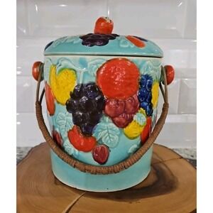 Vintage Biscuit Jar With Lid & Wicker Handle Ceramic Made In Japan 8.5×6×6 inc